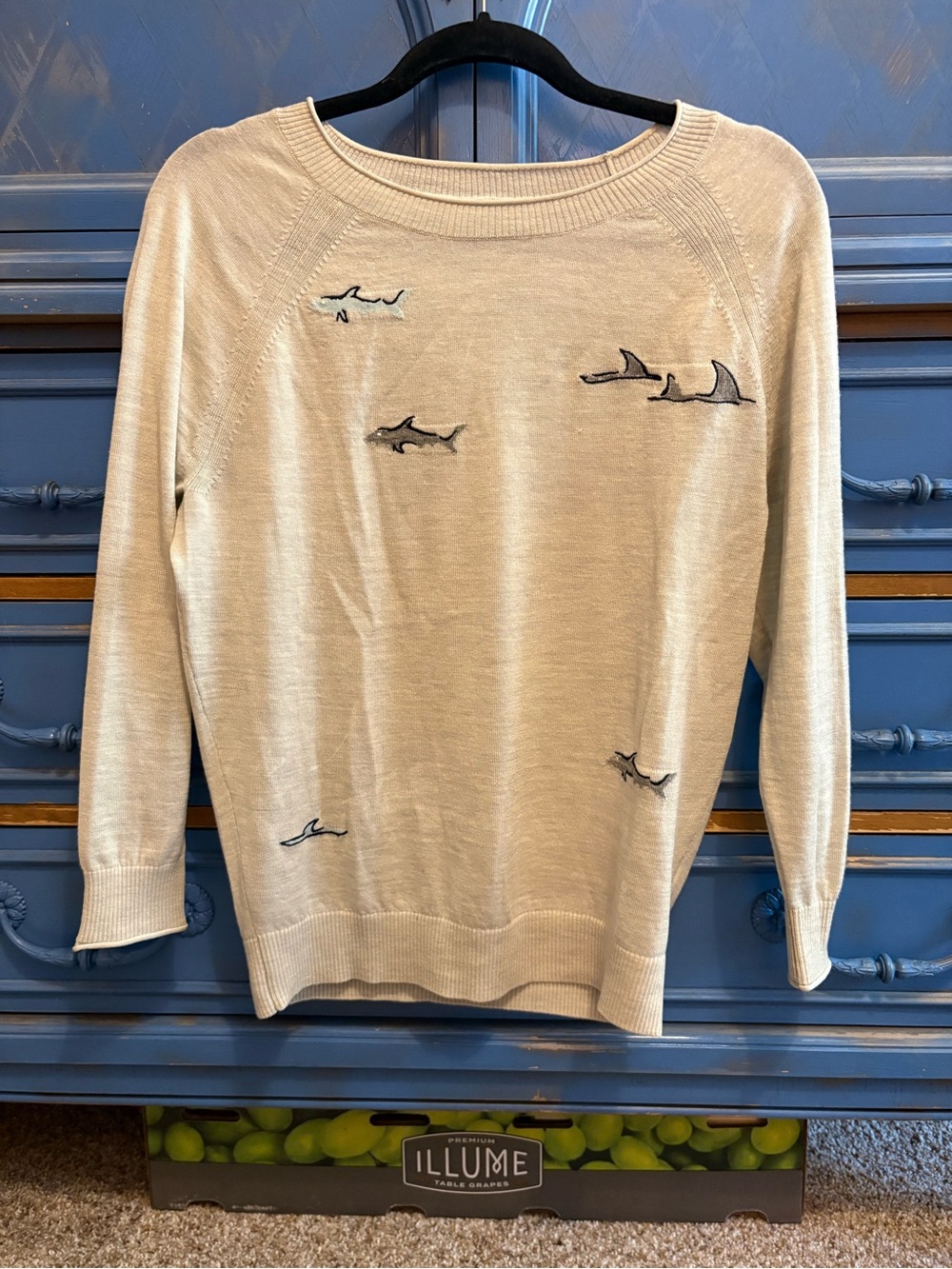 J. Crew Light Beige Crewneck Merino Wool Sweater with Shark Embroidery